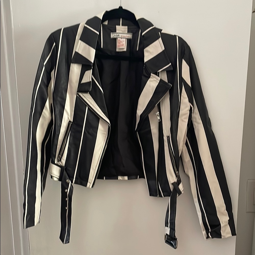Black and White Striped Women's Faux Leather Moto Jacket